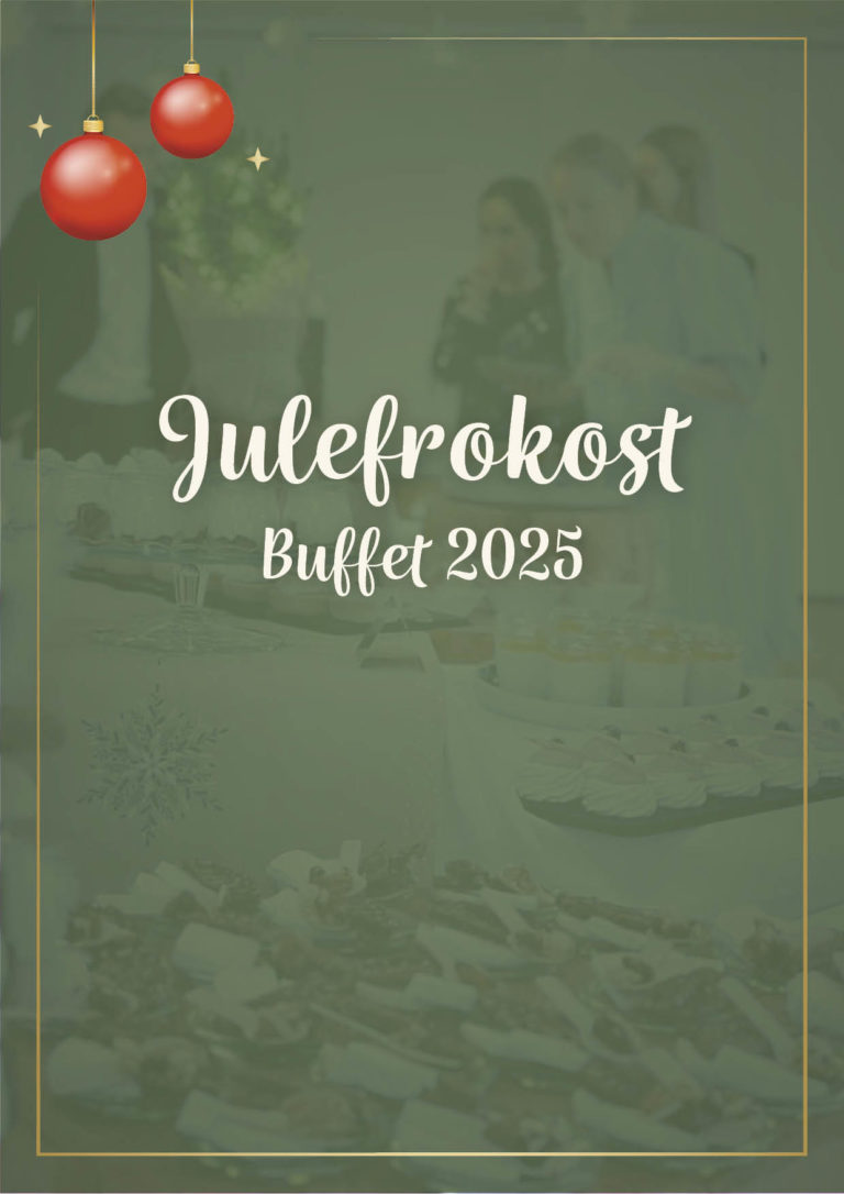 Forside til julefrokostmenu 2025 med teksten ‘Julefrokost Buffet 2025’ og julepyntede kugler som grafik.