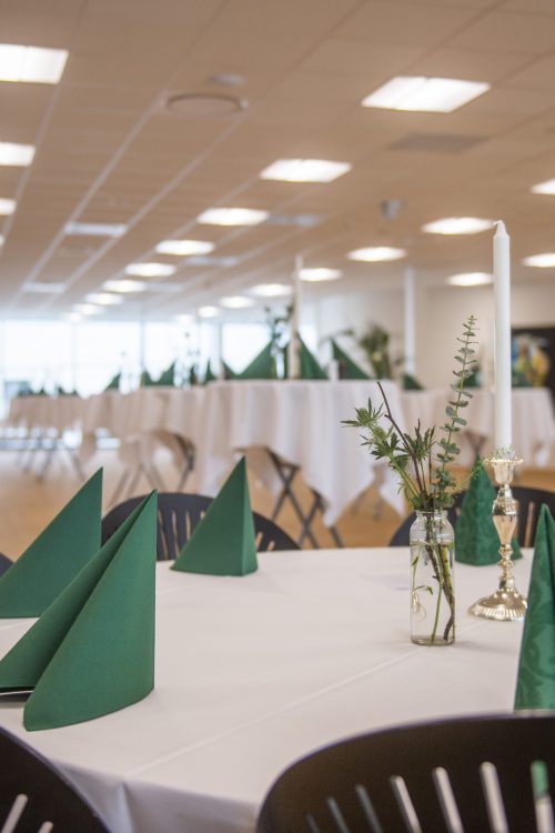 Rundt bord dækket med hvide duge, grønne servietter og enkle dekorationer klar til selskab i lys og rummelig lokale.