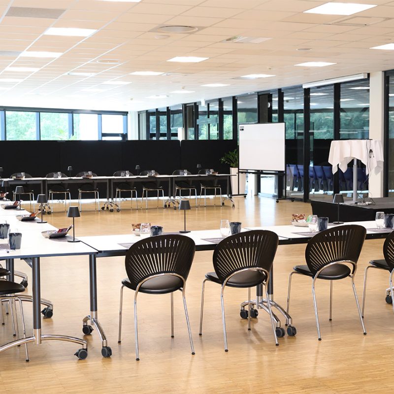Stort mødelokale med opstilling i hestesko, klar til konference eller præsentation i lyse omgivelser.