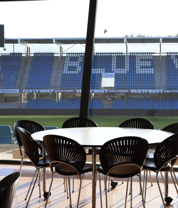Carlsberg Lounge 3 med store panoramavinduer og udsigt over Blue Water Arena – perfekt til møder, events og selskaber med stadionstemning.