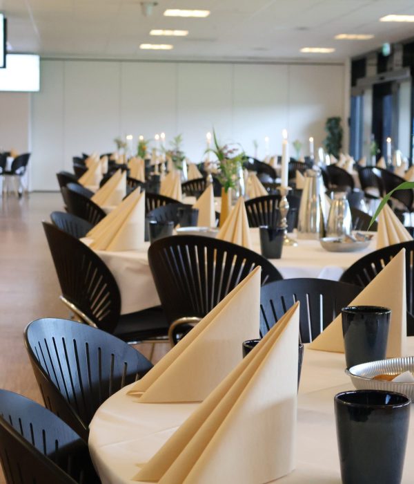 Carlsberg Loungen på Blue Water Arena dækket op med beige servietter, blomster, levende lys, småkager, kaffe og te.